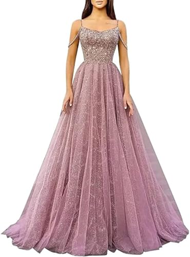 Generic Glitzernde Pailletten-Abschlussballkleider SpaghettiträGer Glitzer-TüLl,Formelle Ballkleider Schulterfreies A-Linien-Partykleid FüR Frauen Dusty Pink S von Generic