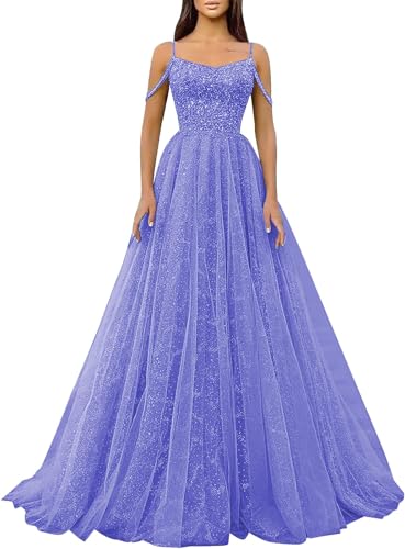 Generic Glitzernde Pailletten-Abschlussballkleider SpaghettiträGer Glitzer-TüLl,Formelle Ballkleider Schulterfreies A-Linien-Partykleid FüR Frauen Lavender XS von Generic