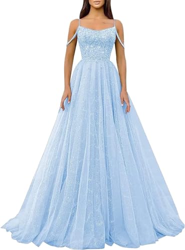 Generic Glitzernde Pailletten-Abschlussballkleider SpaghettiträGer Glitzer-TüLl,Formelle Ballkleider Schulterfreies A-Linien-Partykleid FüR Frauen Light Blue L von Generic