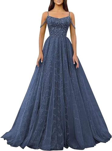 Generic Glitzernde Pailletten-Abschlussballkleider SpaghettiträGer Glitzer-TüLl,Formelle Ballkleider Schulterfreies A-Linien-Partykleid FüR Frauen Navy Blue L von Generic