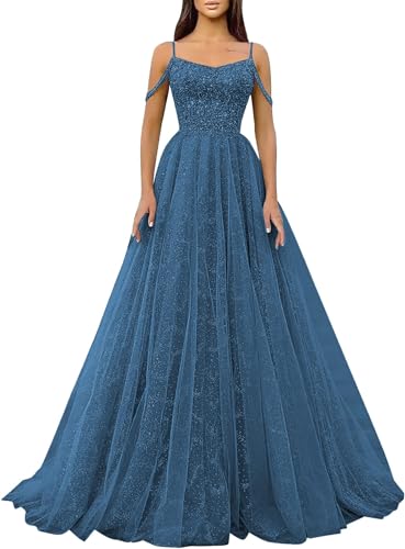 Generic Glitzernde Pailletten-Abschlussballkleider SpaghettiträGer Glitzer-TüLl,Formelle Ballkleider Schulterfreies A-Linien-Partykleid FüR Frauen Peacock L von Generic