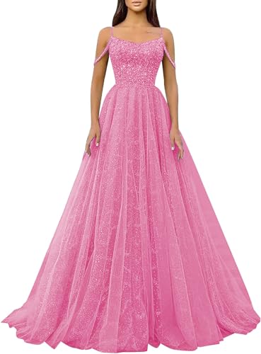Generic Glitzernde Pailletten-Abschlussballkleider SpaghettiträGer Glitzer-TüLl,Formelle Ballkleider Schulterfreies A-Linien-Partykleid FüR Frauen Pink XL von Generic