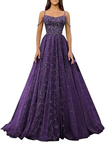 Generic Glitzernde Pailletten-Abschlussballkleider SpaghettiträGer Glitzer-TüLl,Formelle Ballkleider Schulterfreies A-Linien-Partykleid FüR Frauen Plum XS von Generic