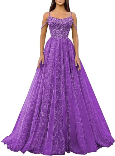 Generic Glitzernde Pailletten-Abschlussballkleider SpaghettiträGer Glitzer-TüLl,Formelle Ballkleider Schulterfreies A-Linien-Partykleid FüR Frauen Purple S von Generic