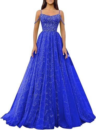 Generic Glitzernde Pailletten-Abschlussballkleider SpaghettiträGer Glitzer-TüLl,Formelle Ballkleider Schulterfreies A-Linien-Partykleid FüR Frauen Royal Blue S von Generic