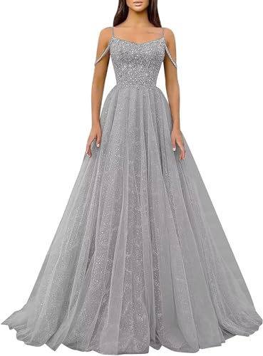 Generic Glitzernde Pailletten-Abschlussballkleider SpaghettiträGer Glitzer-TüLl,Formelle Ballkleider Schulterfreies A-Linien-Partykleid FüR Frauen Silver XXL von Generic