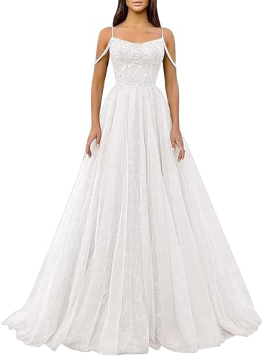 Generic Glitzernde Pailletten-Abschlussballkleider SpaghettiträGer Glitzer-TüLl,Formelle Ballkleider Schulterfreies A-Linien-Partykleid FüR Frauen White XXL von Generic