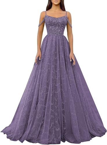 Generic Glitzernde Pailletten-Abschlussballkleider SpaghettiträGer Glitzer-TüLl,Formelle Ballkleider Schulterfreies A-Linien-Partykleid FüR Frauen Wisteria 6XL von Generic