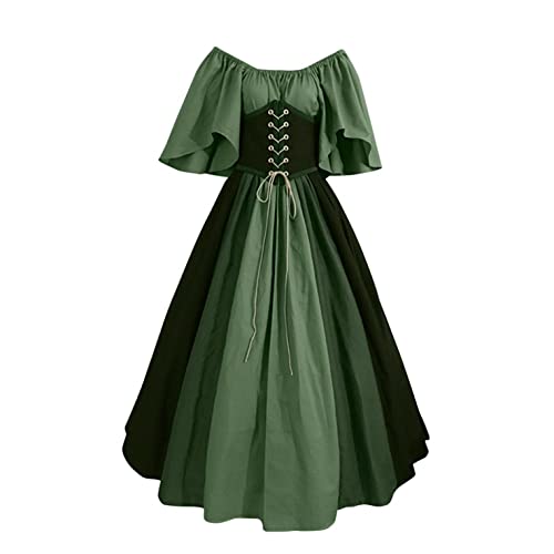 Generic Halloween Kostüm Damen, Mittelalterliche Vintage Kleid Kurzarm Schnürung Mittelalter Ballkleider Maskerade Party Cosplay Maxikleid Kleidung Große Größen, Grün, 5XL von Generic