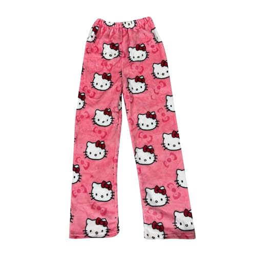 Generic Hellow Kitten Pyjama Hose Mädchen - Schlafhose Mädchen Pyjamahose Lang Flanell Weich Kawaii Pyjamas Anime Warm und Bequem Schlafanzughose Casual Winter Schlafanzug Weihnachts von Generic