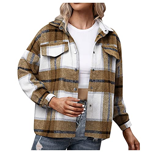 Hemdjacke Damen Plüsch Jacke Damen Kurz Karierte Hemdjacke Herbst Winter Langarm Übergangsjacke mit Karomuster Taschen Knopfleiste Pullover Mantel Outwear für Frauen von Generic