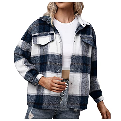 Hemdjacke Damen Plüsch Jacke Damen Kurz Karierte Hemdjacke Herbst Winter Langarm Übergangsjacke mit Karomuster Taschen Knopfleiste Pullover Mantel Outwear für Frauen von Generic