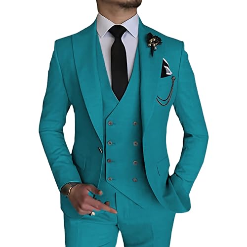 Generic Herren 3 Stück Double Breasted Anzug Slim Fit Business Bräutigam Smoking Anzüge Formaler Anzug für Hochzeit Prom Dinner Party (Blau,L) von Generic