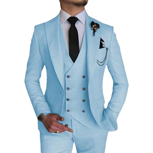 Generic Herren 3 Stück Double Breasted Anzug Slim Fit Business Bräutigam Smoking Anzüge Formaler Anzug für Hochzeit Prom Dinner Party (Hellblau,XL) von Generic