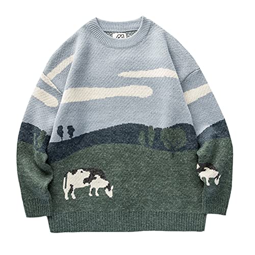 Herren Damen Kuh Printed Strickpullover Vintage Oversize Harajuku Pullover Langarm Sweater Tops von generic