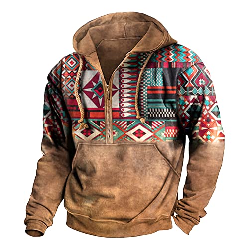 Herren Herbst Winter Ethnischer Vintage-Druck Kapuzenpullover mit Reißverschluss Casual Loose Langarm Taschen Hoodie Sweatshirt Regular Fit Tops Sport Fitness Oberteile Laufshirt von Generic