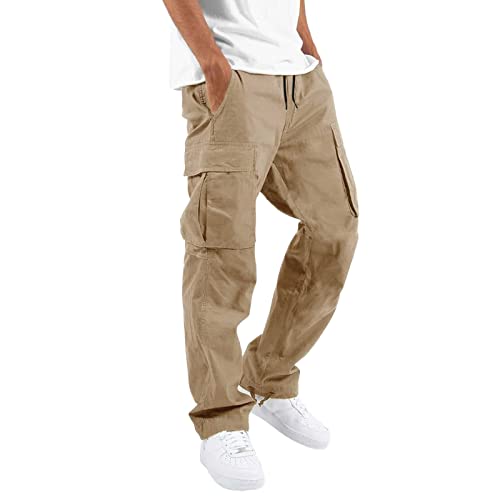 Herren Hose Lang Regular Fit Hose Skinny Jeans Strand Pumphose Stretch Straight Lange Sport Hose Jogger Cargo Pants Destroyed Hose Hose mit Taschen Schmale Passform (Khaki, M) von Generic