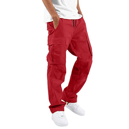 Herren Hose Lang Regular Fit Hose Skinny Jeans Strand Pumphose Stretch Straight Lange Sport Hose Jogger Cargo Pants Destroyed Hose Hose mit Taschen Schmale Passform (Rot, XXL) von Generic