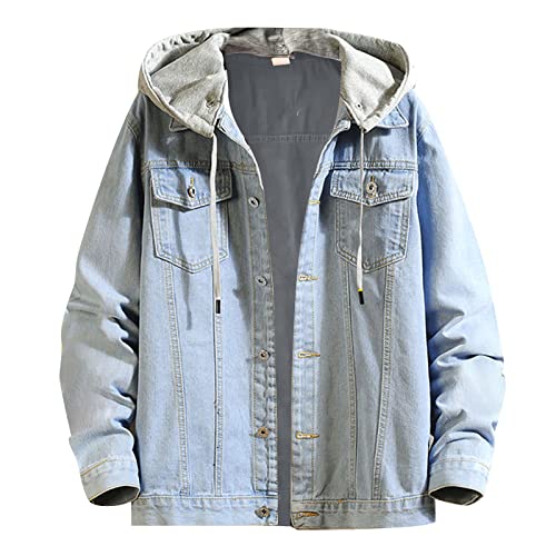 Generic Herren Jeansjacke Blau Übergangsjacke Sweatjacke mit Kapuze Denim Hoodies Jacket Oversize Destroyed Jacke Winter Herbst Outwear (Light Blue, XXXXXL) von Generic