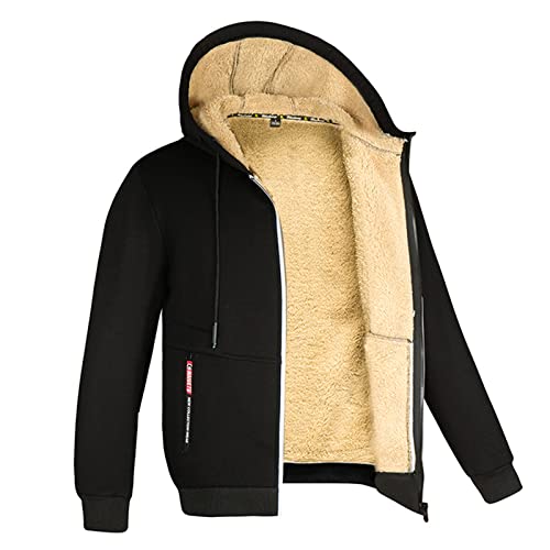 Generic Herren Kapuzenpullover Herren-Mantel, übergroßer, Warmer, mit Fleece gefütterter Kordelzug-Hoodie, einfarbig, , verdickter Winter-Pullover mit Reißverschluss Pulli Decke Damen, Schwarz, L von Generic