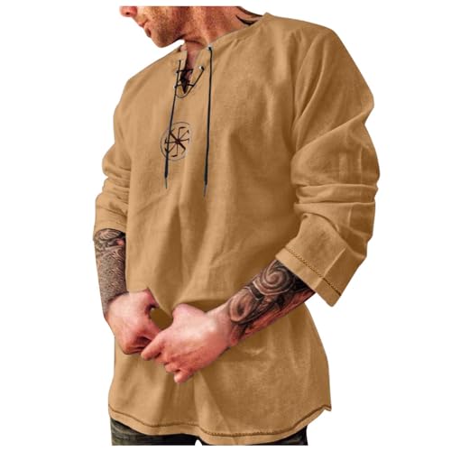 Generic Herren Mittelalter Hemd Tunika Leinenhemd Sommer Hemden Langarm Retro Kragen mit Schnürung Männer Freizeithemd Casual Leinen Yoga Shirt Fisherman Sommerhemd Wikinger Kleidung von Generic