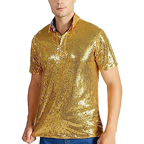 Generic Herren Pailletten Hemd Kurzarm -Glitzerhemd Polo Shirt Glitzer Hemd Slim Fit T-Shirt Karneval Kostüm Poloshirt T-Shirt 70er 80er Disco Faschings Party Kostüm Glitzer Outfit Männer von Generic