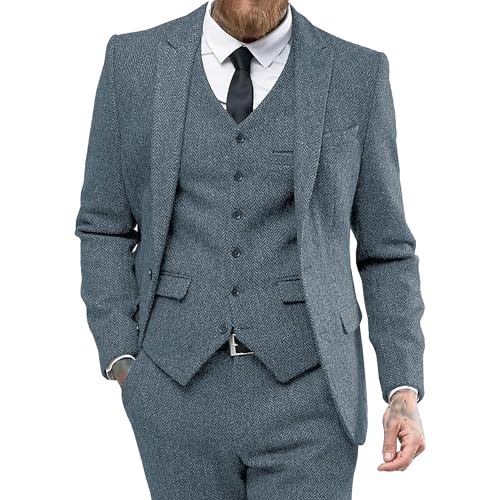 Generic Herren Slim Fit Business Formal Anzug 3 Stück Tweed Herringbone Hochzeitsanzug Smoking Anzüge für Dinner Party Prom (Grau,XL) von Generic