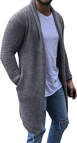 Generic Herren Strickjacke Mit Schalkragen Langer Offener Rand Leichter Wintermantel Pullover Schmale Passform Oberbekleidung Strickjacke (Color : GREY, Einheitsgröße : L) von Generic