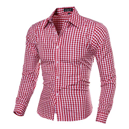 Herren Trachtenhemd Slim fit Kariertes Hemd Freizeithemd Langarmhemd Bügelleicht Bauwolle Herrenhemden für Oktoberfest (Rot, L) von Generic