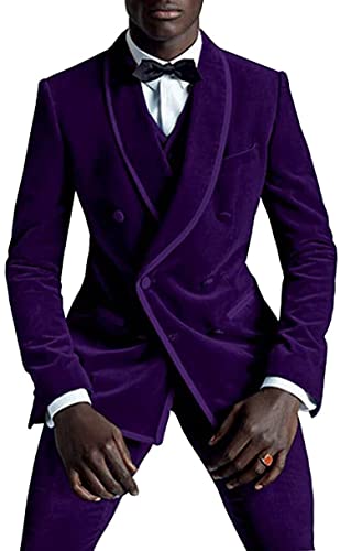 Herrenanzug Slim Fit 3 -Stück Samt Hochzeitsanzüge Doppelbrust Bräutigam Smoking (Blazer+Weste+Hose) (Farbe : Violett, Größe : 50) von Generic