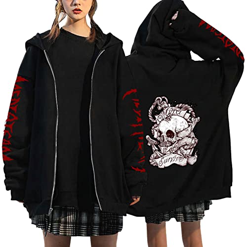 Generic Hoodie Damen, Y2K Kapuzenpullover Damen Sweatjacke Oversize Zip Skull Print Goth Hoodie 90er E-Girl Harajuku Streetwear Vintage Gothic Kapuzenjacke Pulli Casual Langarm Pullover Sweatshirt von Generic
