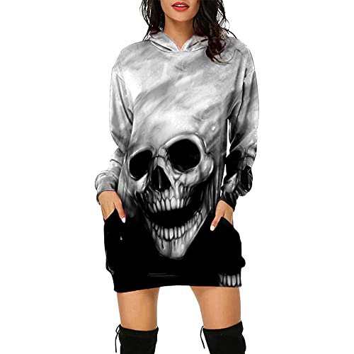 Hoodie Kleid Damen Winter Halloween Skull Print Rundhals Langarm Sweatshirt Pullover Bequem Warm Pulli Oversized Casual Lose Teenager Mädchen Hoodie Sportbekleidung(A Weiß,L) von Generic