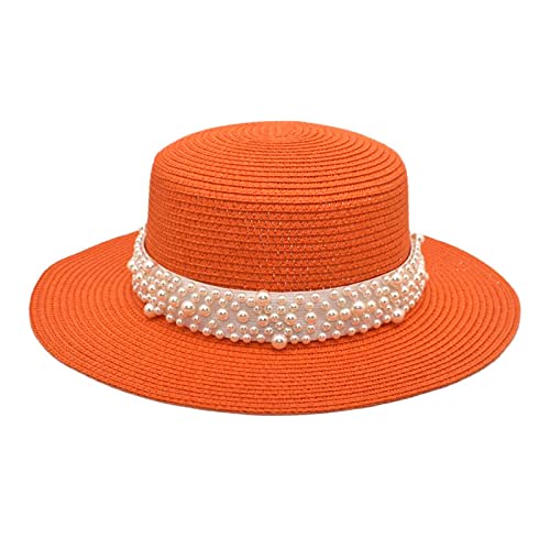 Generic Hut Damen Sommer Sommerhut Damen Fischerhut Strohhut Herren Baby Gelb Erwachsene Unisex Retro Western Sonnenhut Damen Cowboy Reithut Ledergürtel Perle breite Kappe Strohhut (Orange, One Size) von Generic