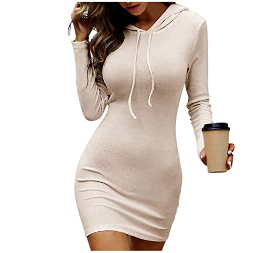 Jerseykleid Frauen Slim-Fit Einfarbig Wickelkleid Skinny Mit Kapuze Langarm Mit Einstellbarer Kordelzug Kurz Wickelpullover Mode Bequem Casual Mini Kleid Freizeitkleider Tunikakleid von Generic