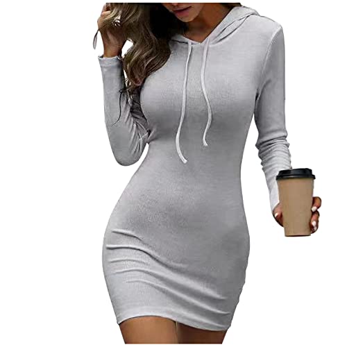 Jerseykleid Frauen Slim-Fit Einfarbig Wickelkleid Skinny Mit Kapuze Langarm Mit Einstellbarer Kordelzug Kurz Wickelpullover Mode Bequem Casual Mini Kleid Freizeitkleider Tunikakleid von Generic