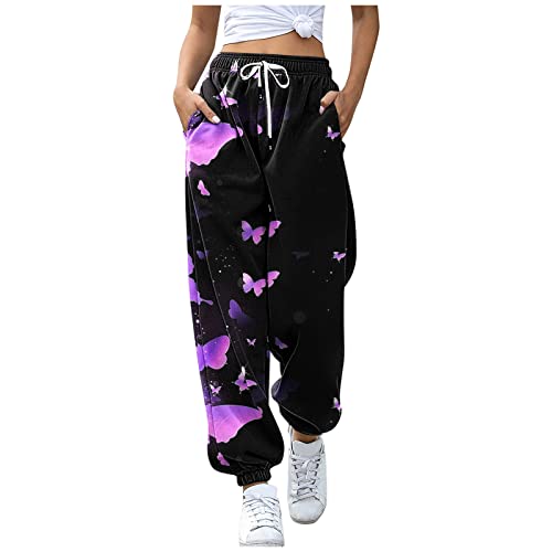 Generic Jogginghose Damen, Jogginghose Damen Baumwolle Sporthose Lang Sweatpants Frauen Schmetterling Kordelzug Jogging Hose Trainingshose Fitness High Waist Freizeithose Laufhosen Sweathose von Generic