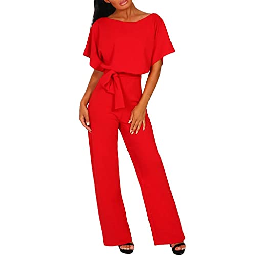 Generic Jumpsuit Damen Elegant Hosenanzug Damen Kurzarm Lang Jumpsuit Elegant Overall Jumpsuit O-Ausschnitt Playsuit Rückenfrei Sexy Hosen mit Gürtel Jumpsuit Damen Sommer Blazer Hosenanzug, M, 1#rot von Generic