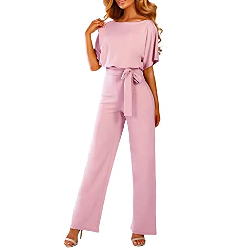 Generic Jumpsuit Damen Hosenanzug Kurzarm Lang Overall O-Ausschnitt Playsuit Rückenfrei Hosen mit Gürtel Blazer, 1#rosa, M von Generic