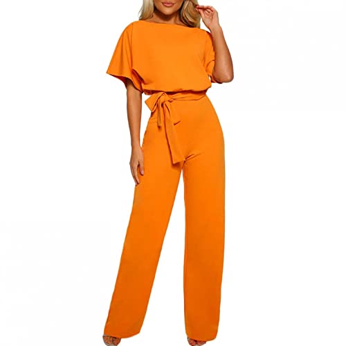 Generic Jumpsuit Damen Elegant Hosenanzug Kurzarm Lang Overall O-Ausschnitt Playsuit Rückenfrei Sexy Hosen mit Gürtel Sommer Blazer Hosenanzug, Z#gelb, XXL von Generic