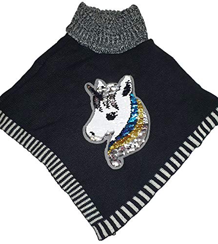 Kinder Mädchen Poncho Einhorn Pailletten Pullover Schalkragen Rollkragen (Schwarz, 122/128) von Generic