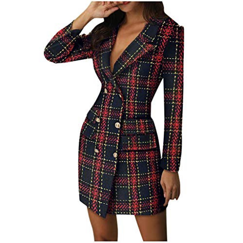 Kleid Damen Elegant Business Blazer Kleid mit Zweireihiger,Herbst Winter GroßE GrößEn Langarm V-Ausschnitt Sexy Etuikleid Mini Blusenkleid Kariertes üBergangs Anzug Mantelkleid von Generic