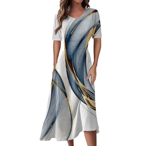 Generic Kleider Damen Sommer Kleid Mittellanges Kleid in Uni-Farbe für Frauen Elegant V-Ausschnitt Sommerkleid Kurze Puffärmel Wickelkleid Hohe Taille Partykleid Lässig Sommer Freizeitkleid Weiß M von Generic