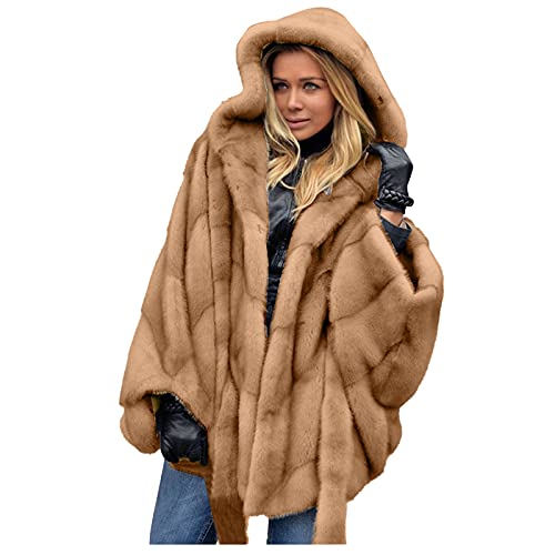 Generic Kunstpelz Mantel Damen Kunstfell Jacke Damen Kunstpelz Mantel Winterjacke Stehkragen Pelzmantel Herbst Winter Faux Fur Coat Lose Fellmantel Wintermantel mit Gürtel, Einheitsgröße, Khaki von Generic