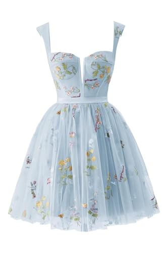 Generic Kurze Heimkehrkleider FüR Damen,Blumenstickerei TüLl Ballkleid Mini-Blumenmuster RüCkenfrei A-Linie Formelles Partykleid Blue L von Generic