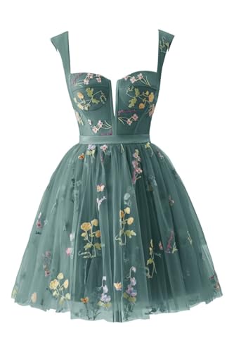 Generic Kurze Heimkehrkleider FüR Damen,Blumenstickerei TüLl Ballkleid Mini-Blumenmuster RüCkenfrei A-Linie Formelles Partykleid Teal S von Generic