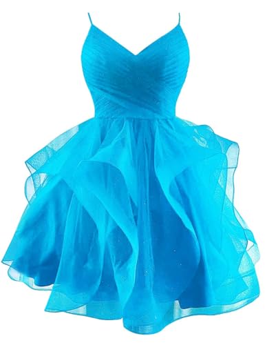 Generic Kurzes Ballkleid Aus Glitzerndem TüLl SpaghettiträGer V-Ausschnitt Gestuftes Heimkehrkleid GerüSchtes Bauschiges Cocktailkleid FüR Teenager Blue M von Generic
