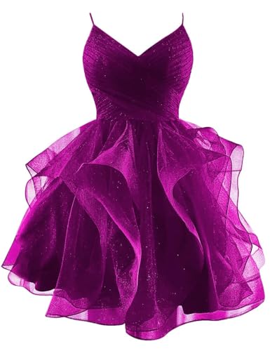 Generic Kurzes Ballkleid Aus Glitzerndem TüLl SpaghettiträGer V-Ausschnitt Gestuftes Heimkehrkleid GerüSchtes Bauschiges Cocktailkleid FüR Teenager Fuchsia S von Generic