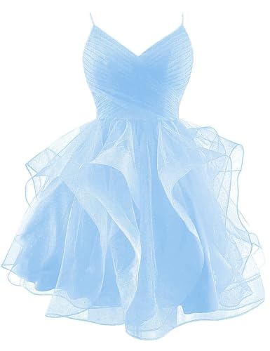 Generic Kurzes Ballkleid Aus Glitzerndem TüLl SpaghettiträGer V-Ausschnitt Gestuftes Heimkehrkleid GerüSchtes Bauschiges Cocktailkleid FüR Teenager Light Blue S von Generic