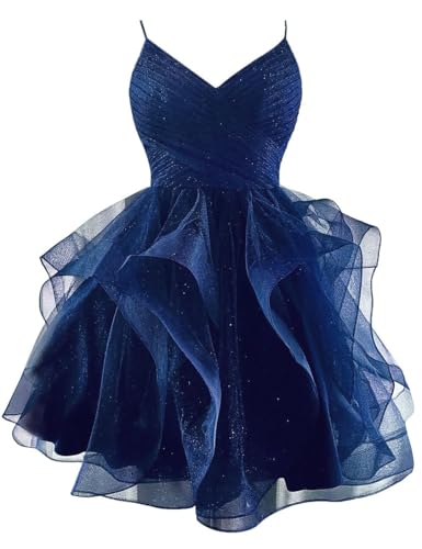 Generic Kurzes Ballkleid Aus Glitzerndem TüLl SpaghettiträGer V-Ausschnitt Gestuftes Heimkehrkleid GerüSchtes Bauschiges Cocktailkleid FüR Teenager Navy Blue M von Generic