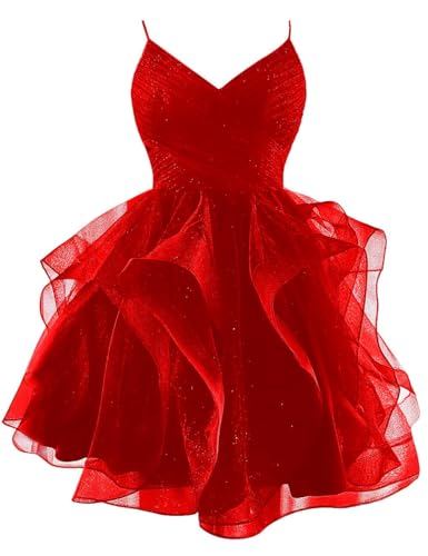 Generic Kurzes Ballkleid Aus Glitzerndem TüLl SpaghettiträGer V-Ausschnitt Gestuftes Heimkehrkleid GerüSchtes Bauschiges Cocktailkleid FüR Teenager Red XS von Generic